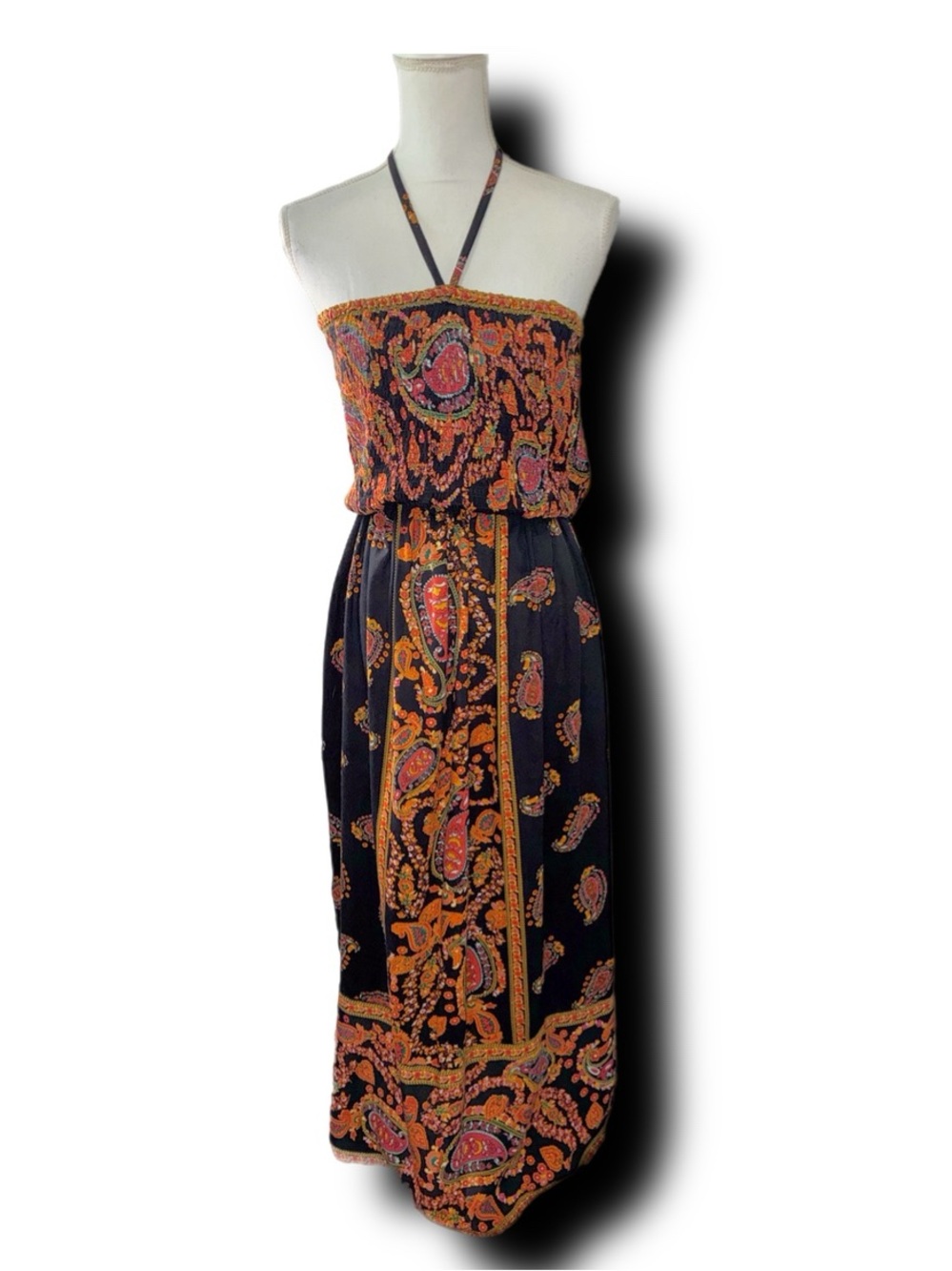 Simply Be Black Smocked Halter Maxi Dress with Orange & Pink Boho Paisley Print